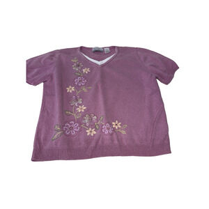 Vintage Alfred Dunner Top Women's PM Pink Floral Embroidery Short Sleeve Shirt